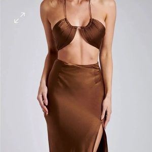 MESHKI Satin Split MIDI Skirt & Ruched Crop Top